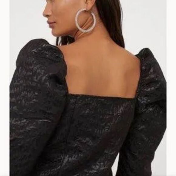 H&M Jacquard Weave Puff Sleeve Corset Top Metallic Black Medium - Picture 2 of 11